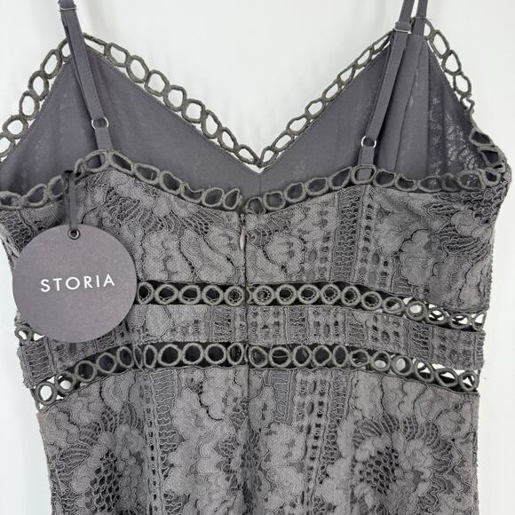 Storia Spaghetti Strap Lace Sheath Mini Dress size Small Gray New - Picture 8 of 14